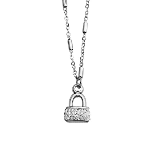 ABENI Tube Bead Chain Necklace with a Pavรฉ Zirconia Pad Lock Pendant in Silver
