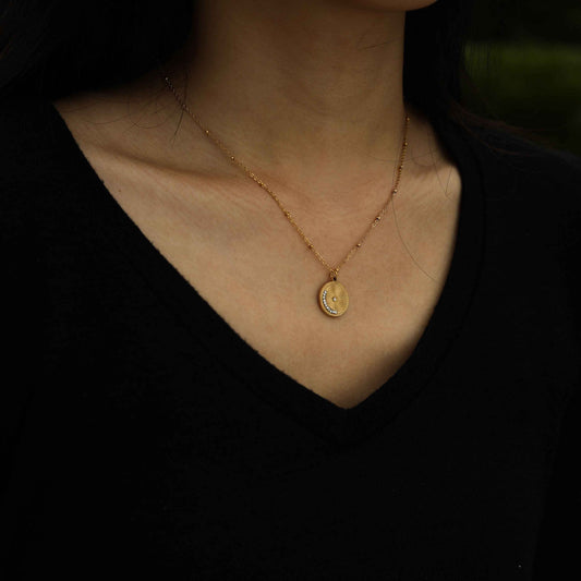 AMASA: Beaded Chain with Star & Pavรฉ Crescent Moon Zirconia Charm - Gold