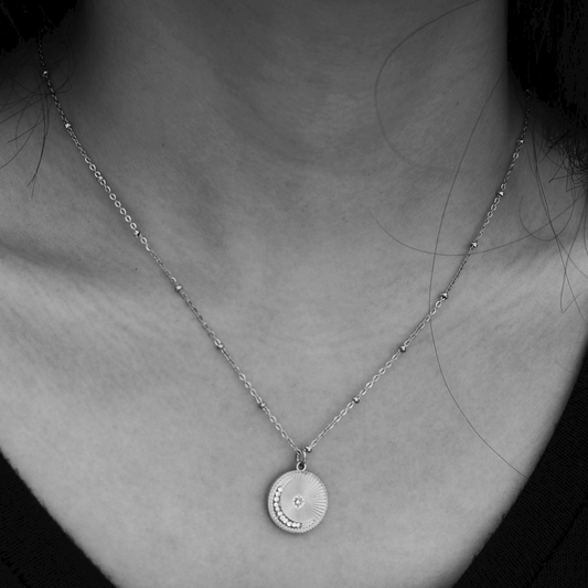 AMASA: Beaded Chain with Star & Pavรฉ Crescent Moon Zirconia Charm - Silver