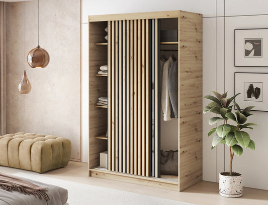 Emerio Mirrored 2 Sliding Door Freestanding Wardrobe - Maple Oak