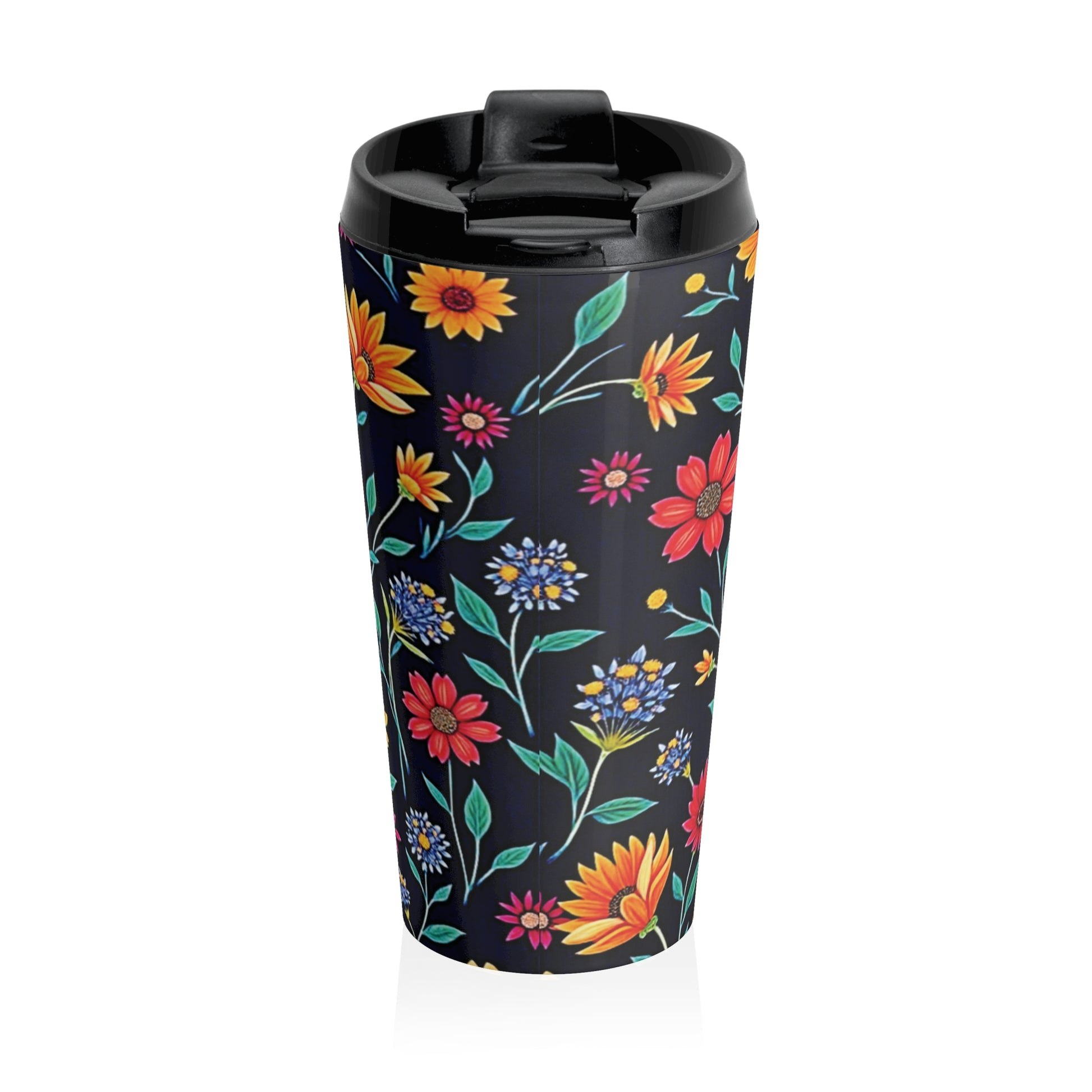 Colorful Floral Pattern Stainless Steel Travel Mug | Black Background - AURABAGS SHOP