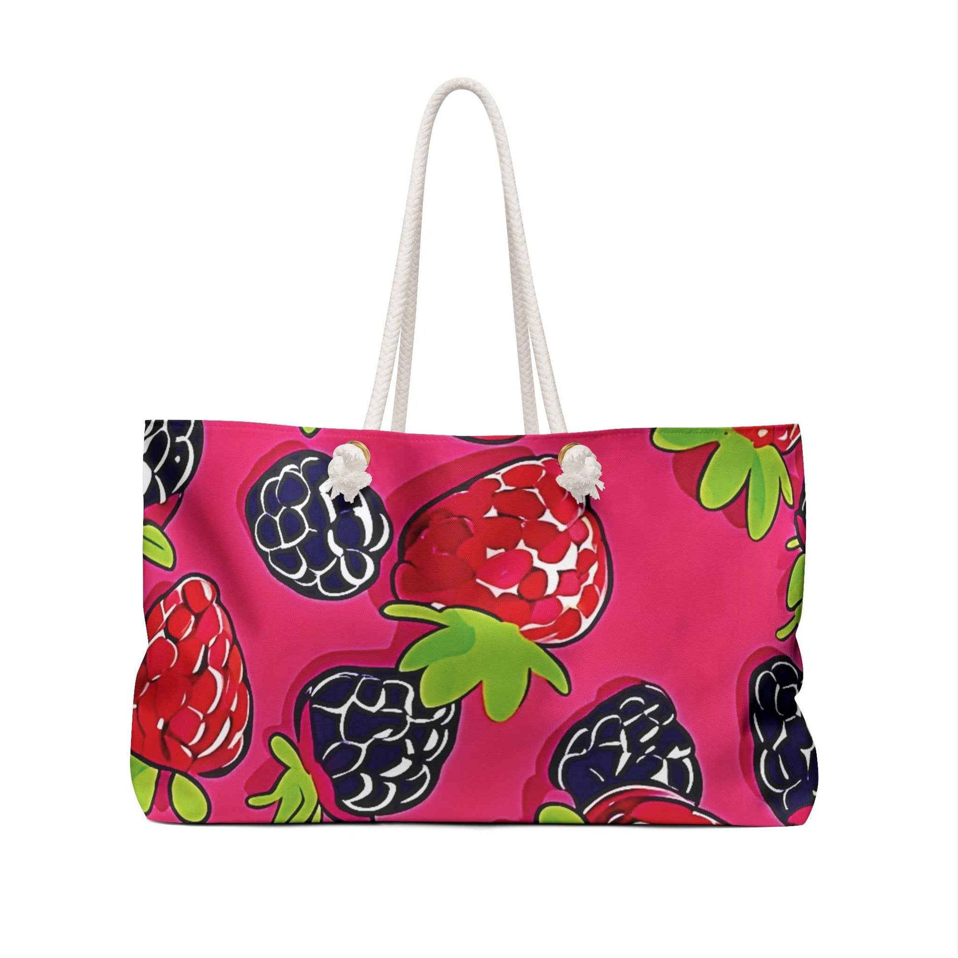 Raspberry Blackberry Pattern Weekender Bag | Bright Pink Berry Large Tote Bag