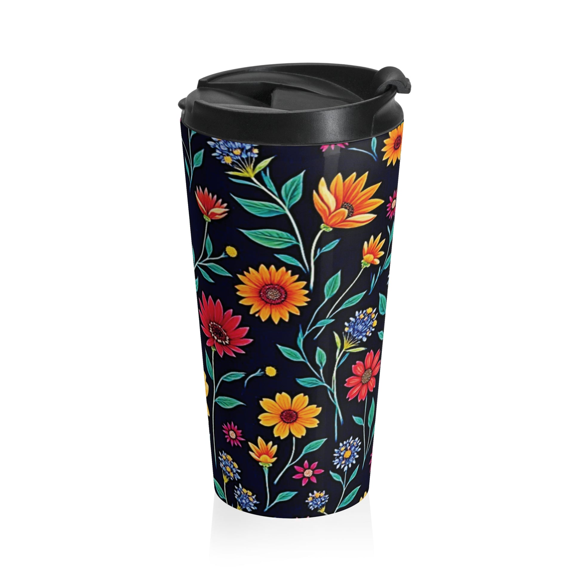 Colorful Floral Pattern Stainless Steel Travel Mug | Black Background - AURABAGS SHOP