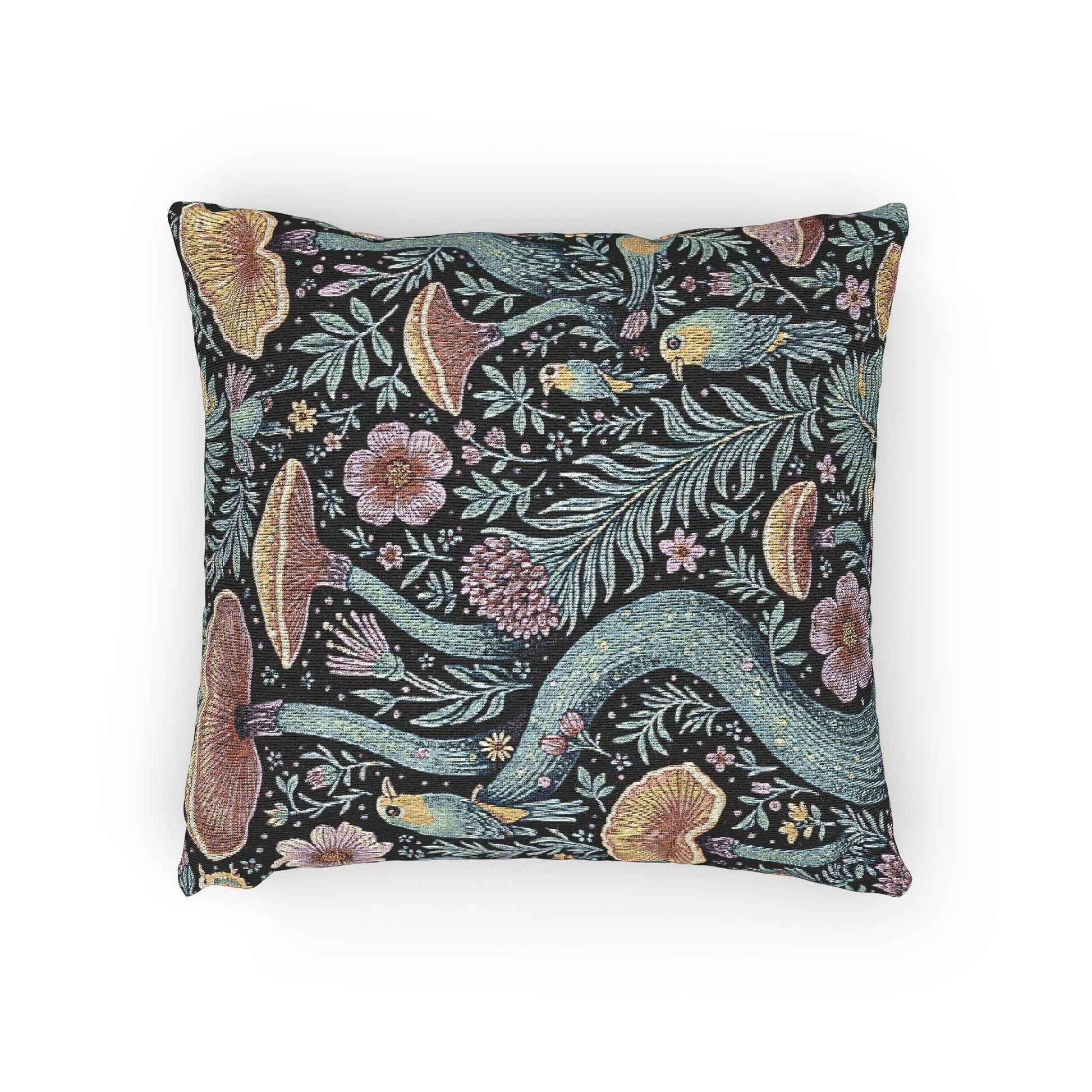 Mushroom and Fern Tapestry Pillow | Woven Decorative Throw Pillow