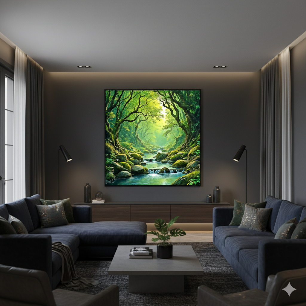 Enchanted Mossy Forest River – Ethereal Woodland Landscape Digital Art - AURABAGS SHOP