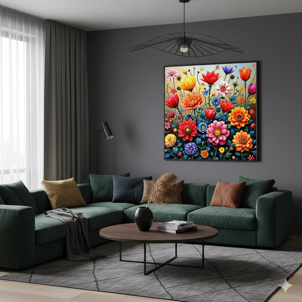 Vibrant Mid-Century Modern Wildflower Meadow Digital Art - 8192px Square - AURABAGS SHOP