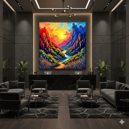 Vibrant Mountain Canyon Sunset Digital Art – High-Res River Landscape - AURABAGS SHOP