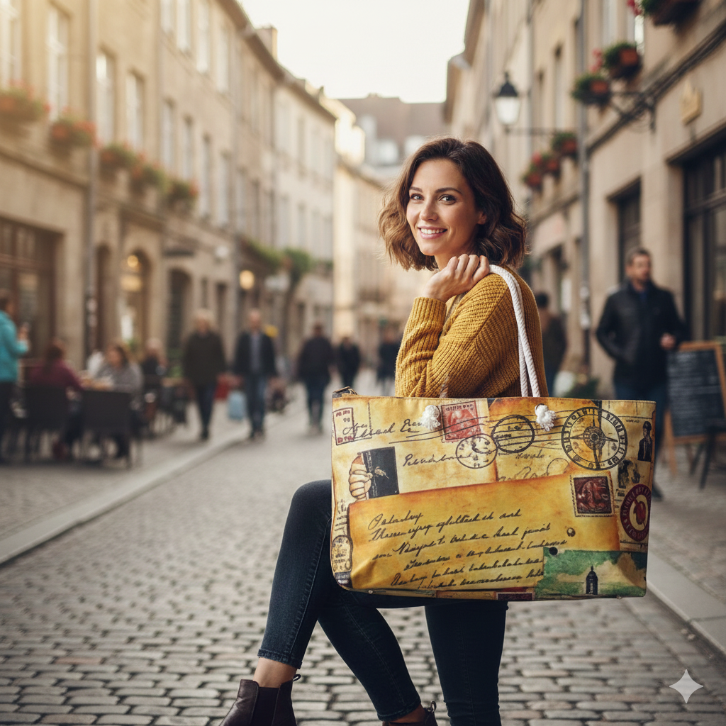 Vintage Travel Postcards Weekender Bag | Retro Stamp Collage, Large Tote Bag - AURABAGS SHOP