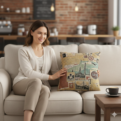 Vintage Travel Collage Woven Pillow | Cityscape Postcard Tapestry - AURABAGS SHOP
