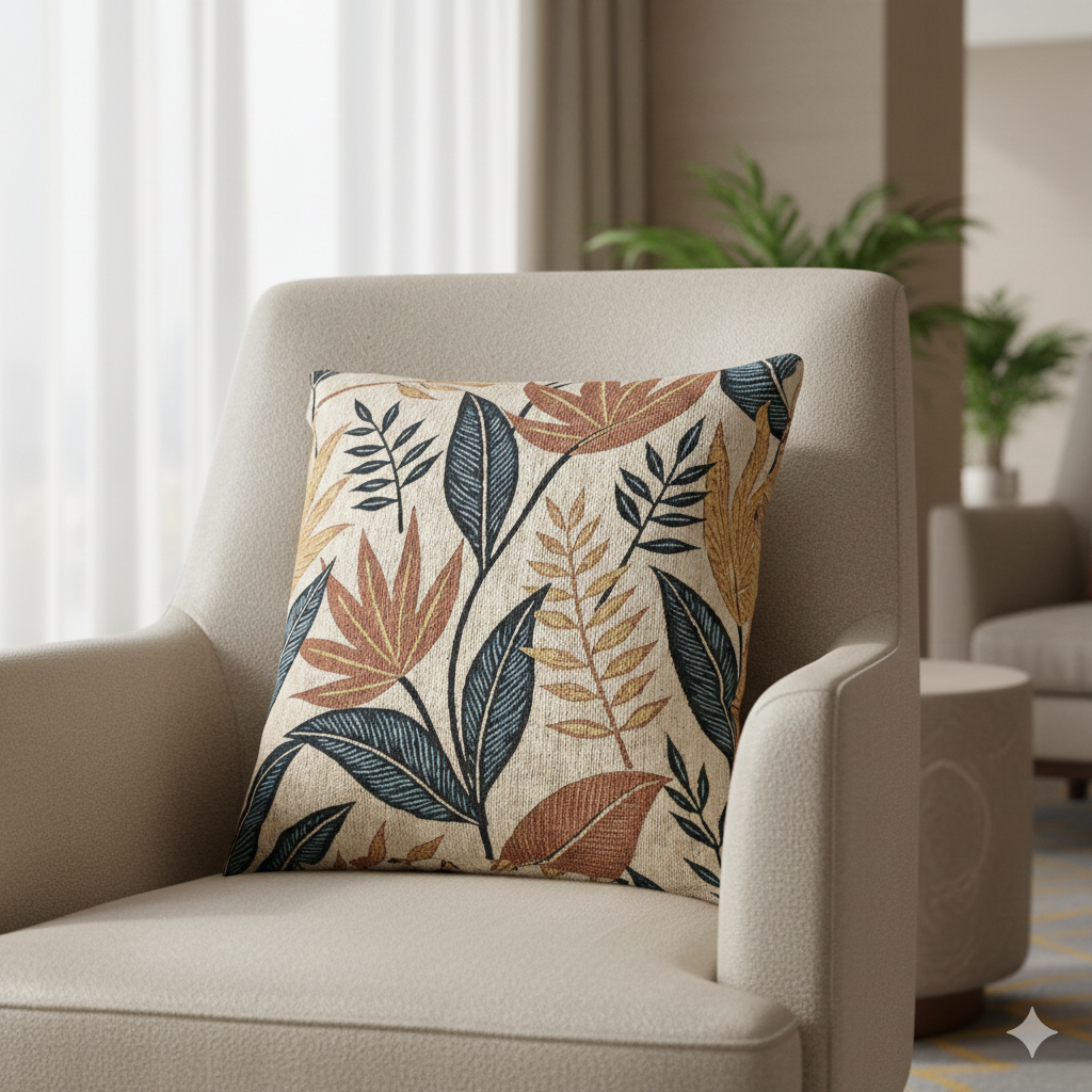 Tropical Leaf Pattern Woven Pillow | Botanical Throw Pillow, Neutral Blue Rust Design - AURABAGS SHOP
