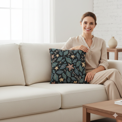 Floral Starleaf Pattern Woven Pillow | Botanical Night Leaves - AURABAGS SHOP