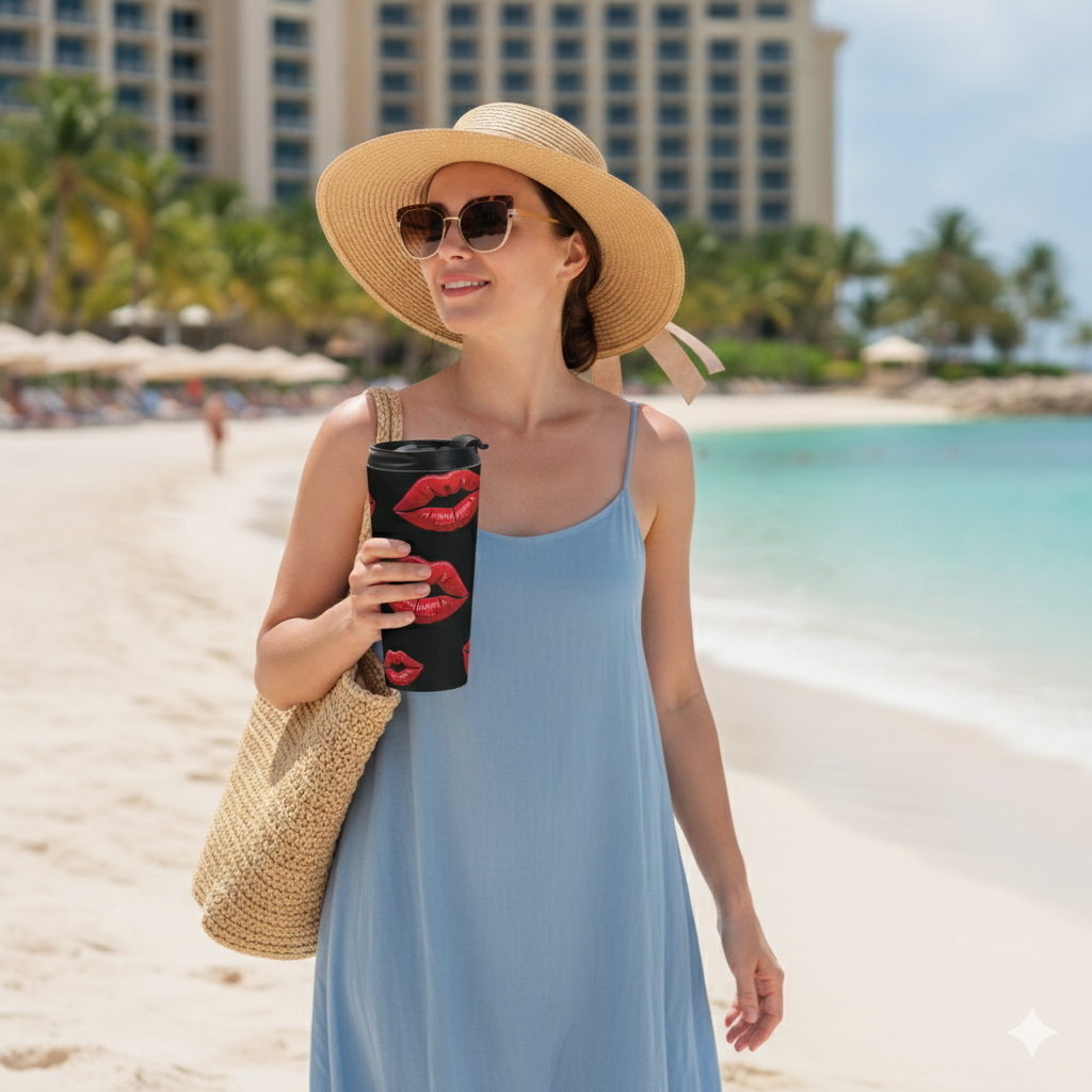 Red Lipstick Kiss Pattern Travel Mug | Black Stainless Steel - AURABAGS SHOP