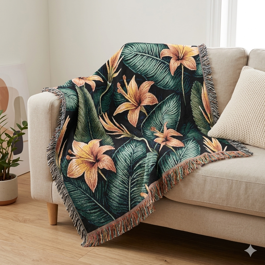 Tropenlilien-Webdecke – Blumenüberwurf für Wohnzimmer & Terrasse