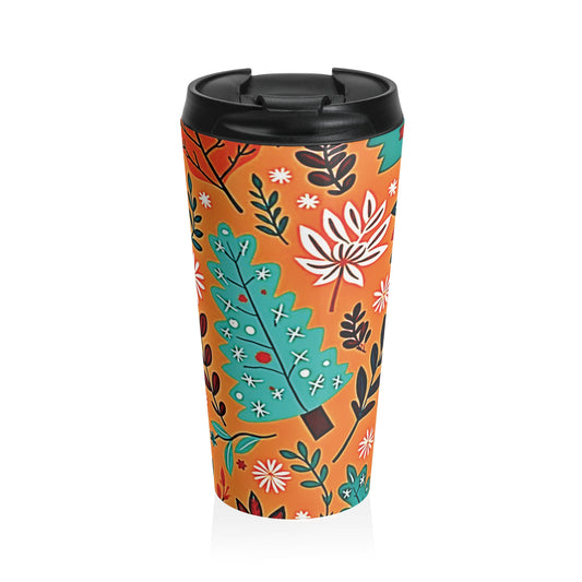 Autumn Floral Leaves Travel Mug | Orange Botanical Stainless Steel - AURABAGS SHOP