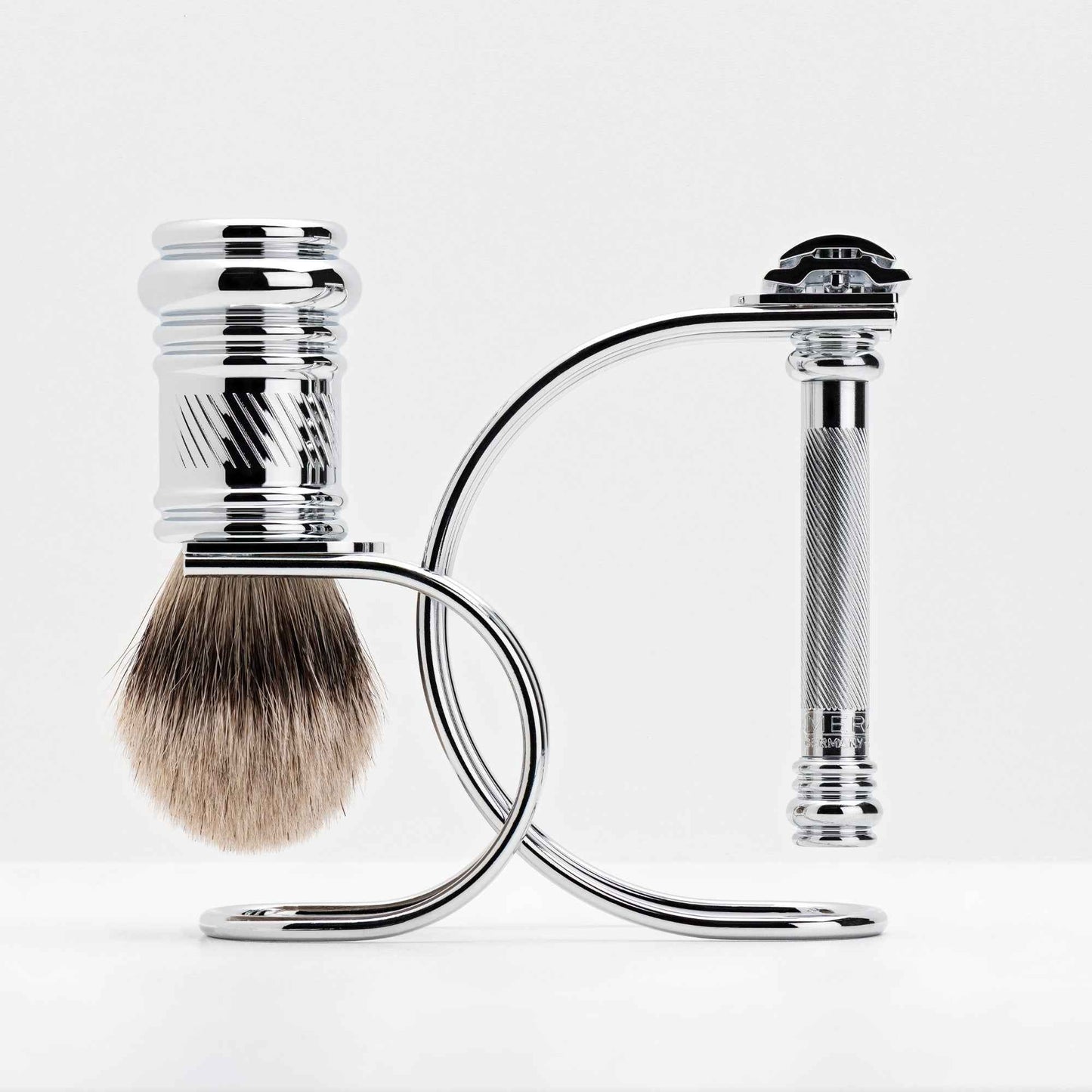 Merkur Shaving Set with MK-38001 Razor, Silver Tip Badger Brush and Curved 3-piece Stand, Chrome