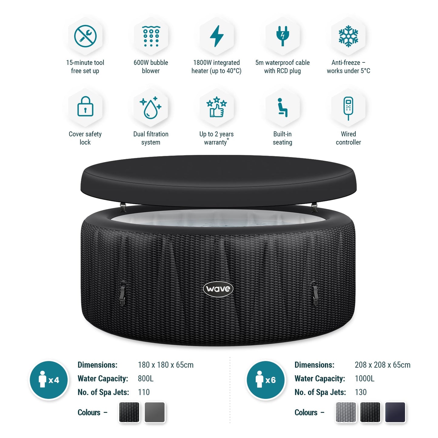 Wave | Atlantic | 4/6-Person Inflatable Hot Tub | Round | Integrated Heater