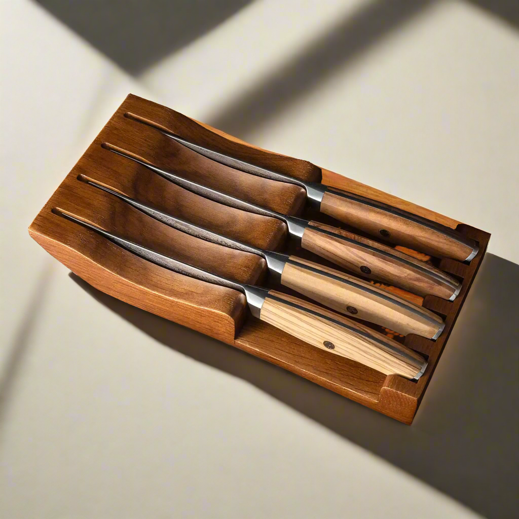 Ginza Steel AMELIA Five – 4-Piece VG10 Damascus Steel Steak Knife Set with Wood Block