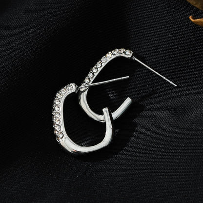 FIRLE Silver (White Gold): Partial Pavé Zirconia Oval Hoop Earrings
