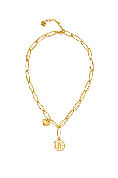 EMMA Retro LOVE Scripted Pendant on a Contemporary Chain Linked Necklace