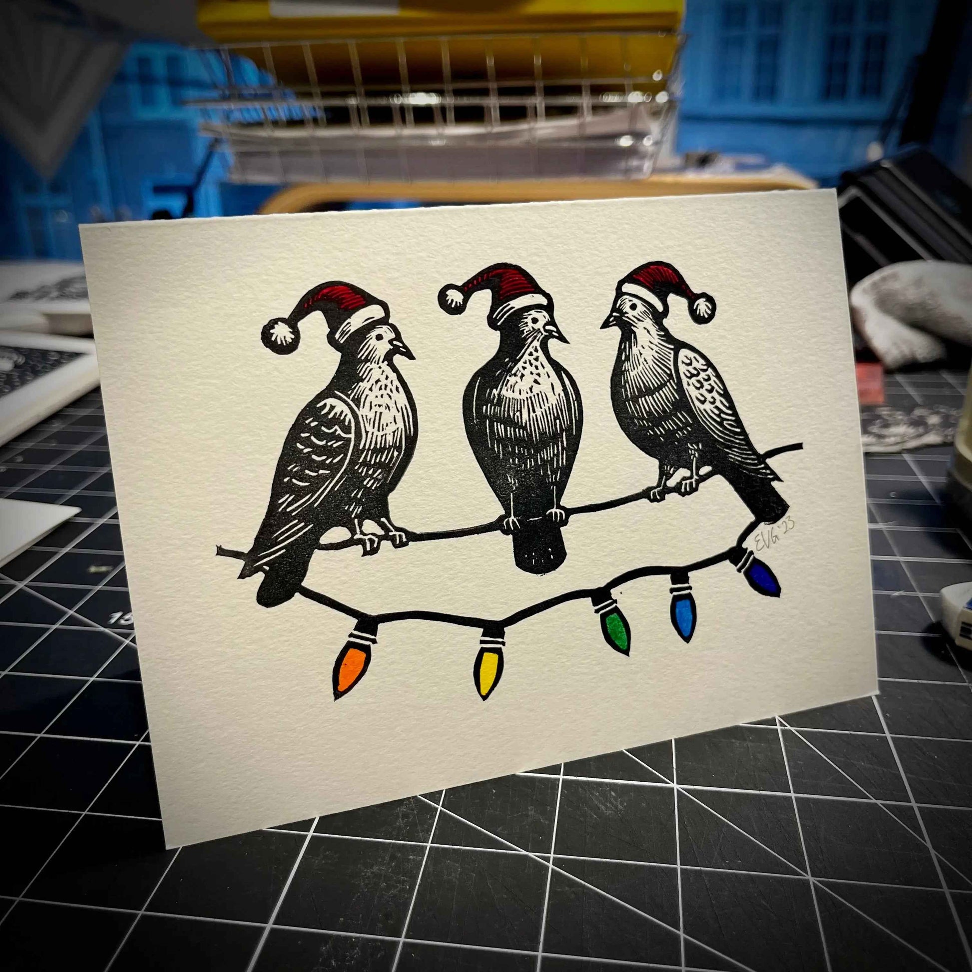 Three Pigeons Slaying Holiday Card | LINOCUT CARD