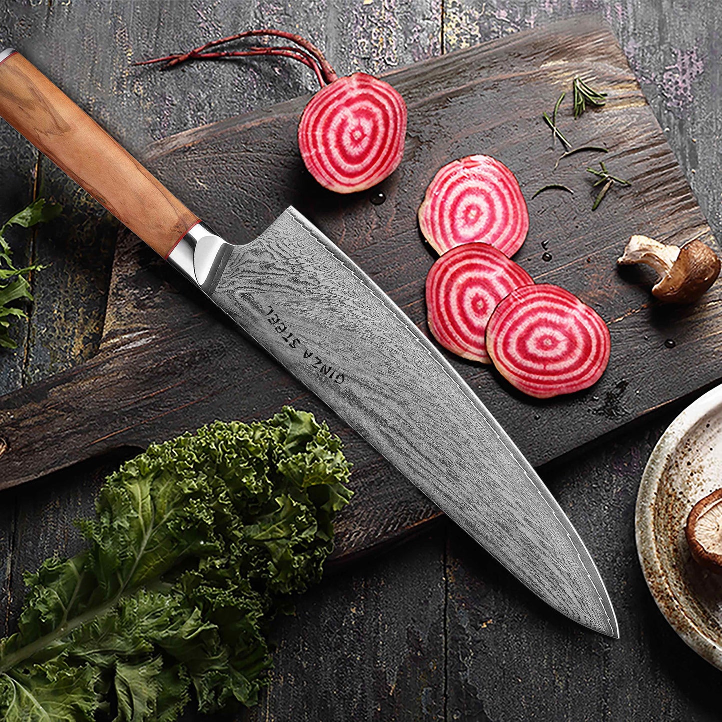 Ginza Steel MIA 24 Chef Knife 9” – Damascus AUS10, 67-Layer, Olive Wood Handle