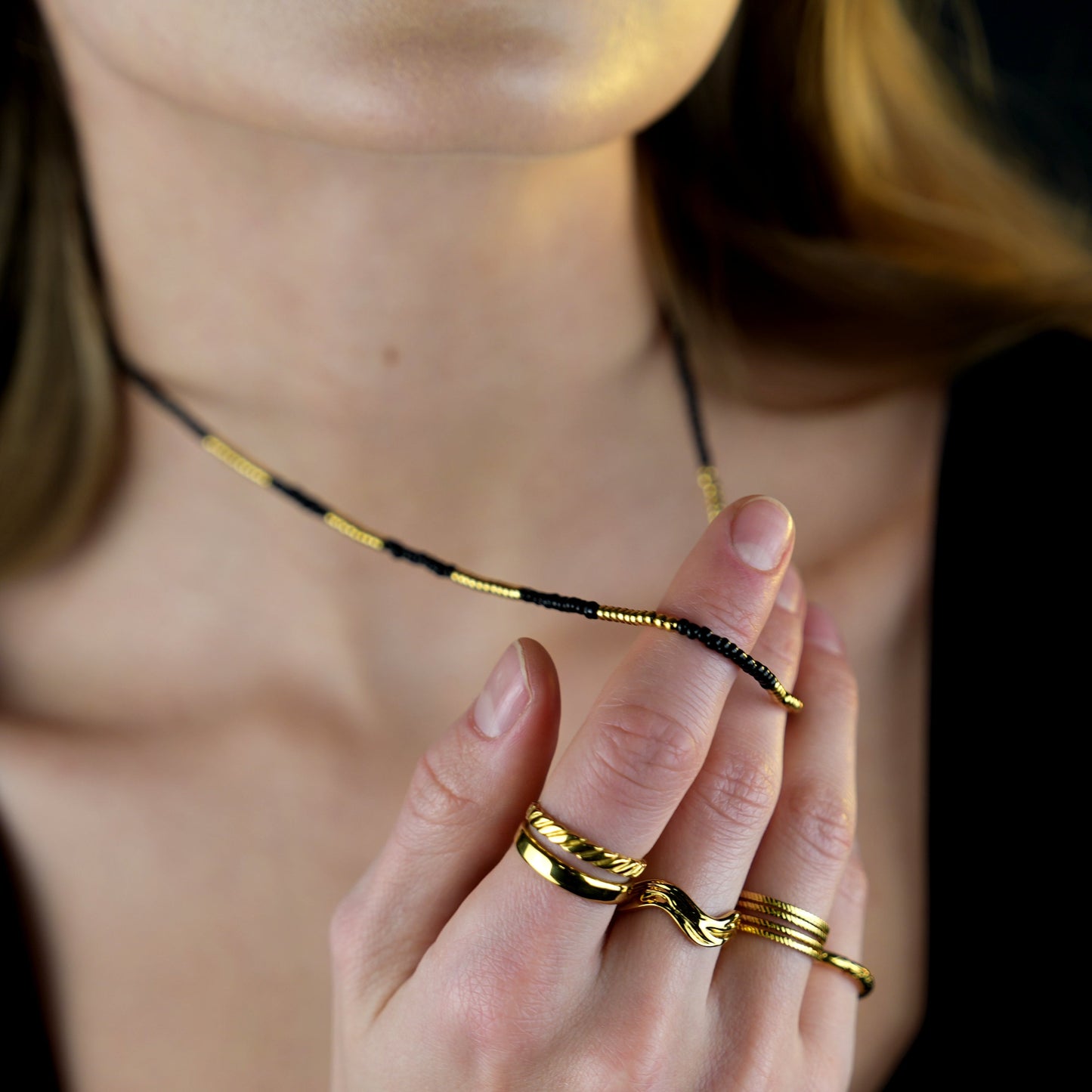 LINA Black Crystal and Gold Beads Chain Necklace