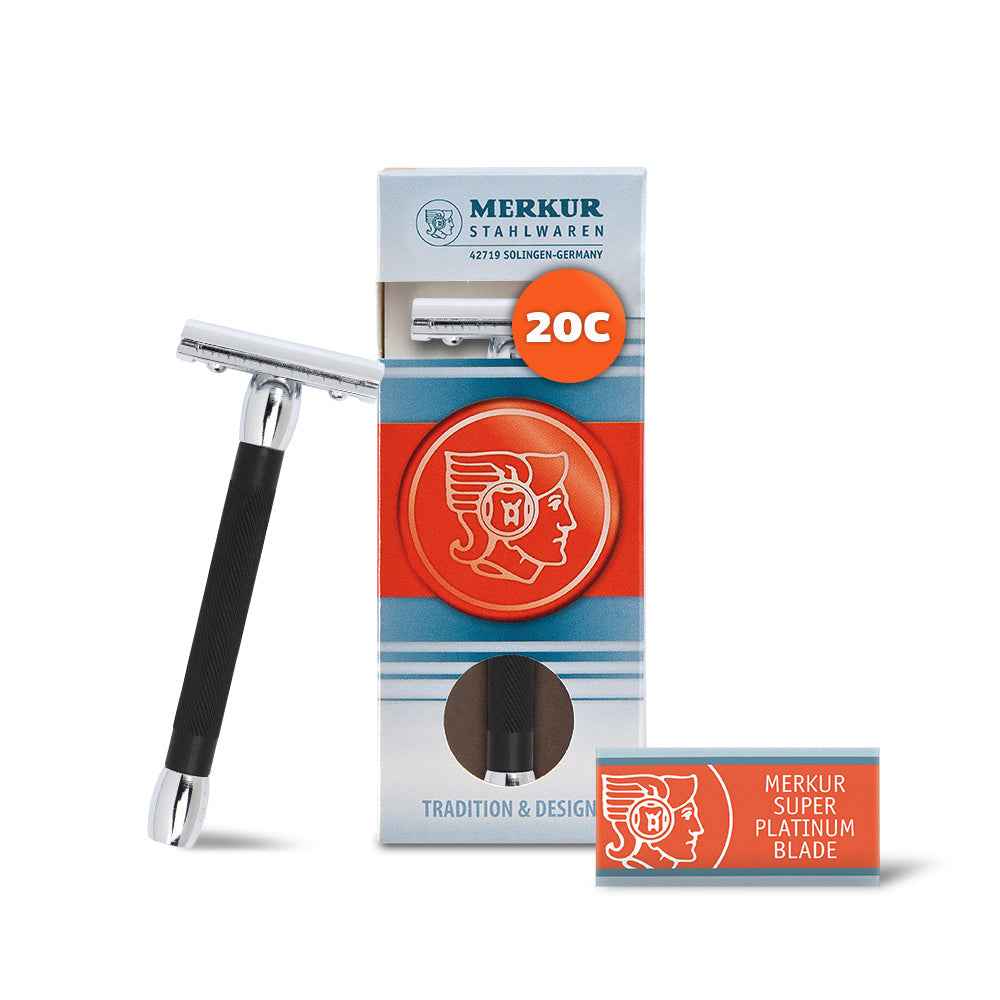 Merkur 20B 3-Piece DE Safety Razor, Closed Comb, Long Handle, Bright Chrome/ Black