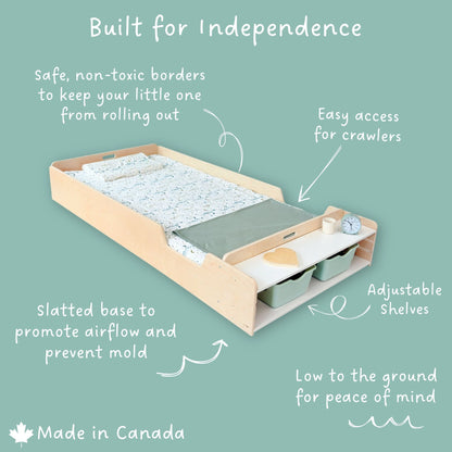 APPLE TWIN - Montessori Floor Bed with Rails & Shelves