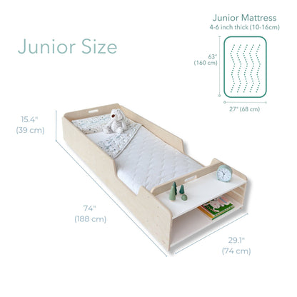 APPLE JUNIOR - Montessori Floor Bed with Rails & Shelves