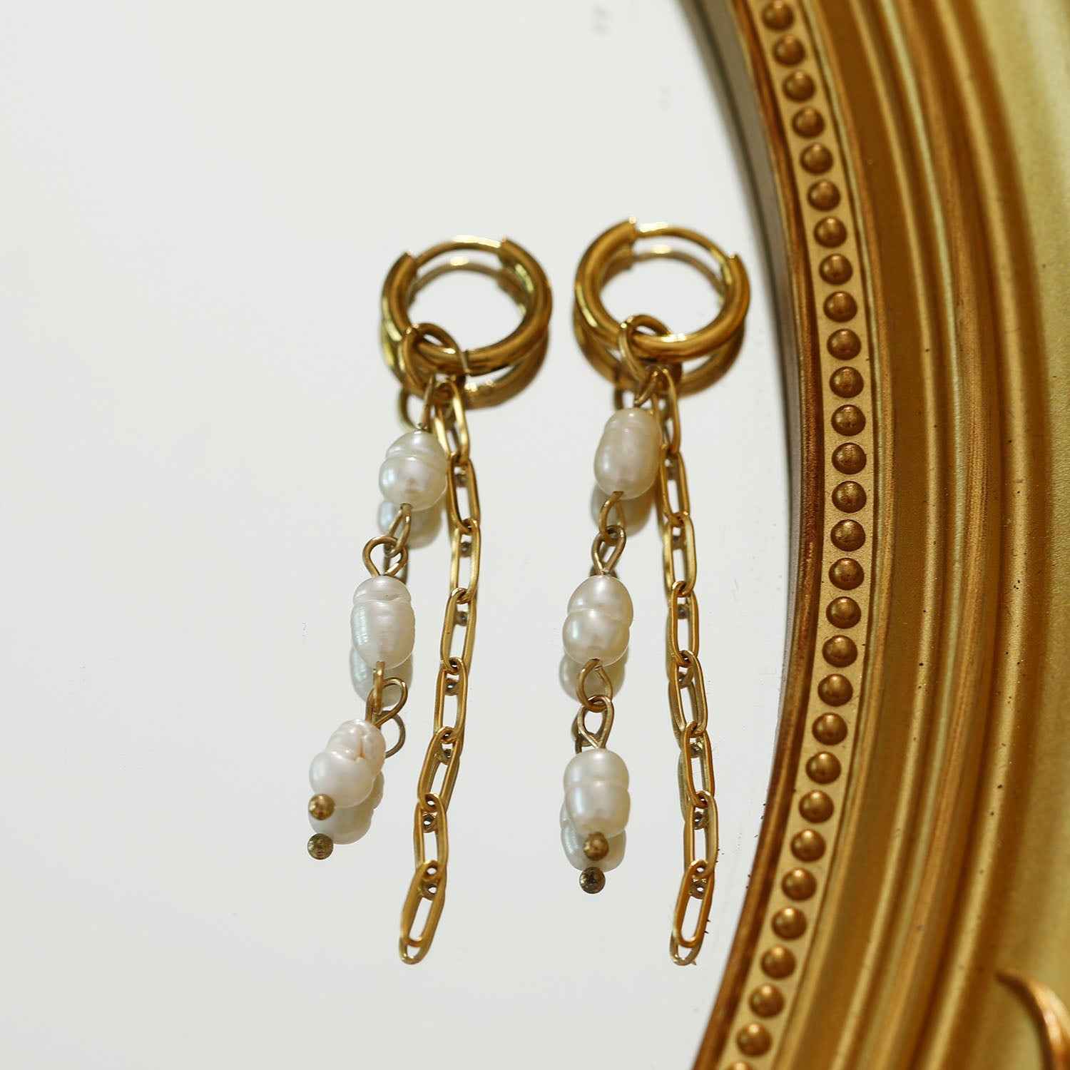 AILIA Duo of Linked Chains with Fresh Water Pearls Drop Earrings