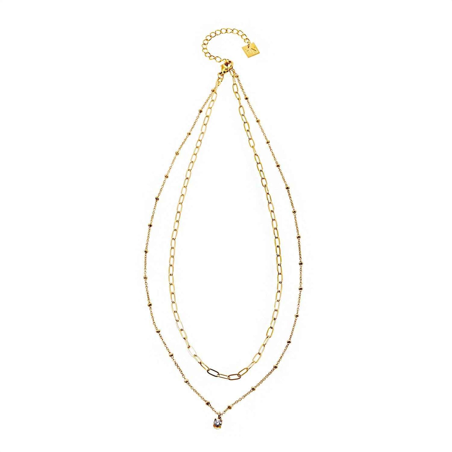 KATERI Gold: Pre-Layered Chains Necklace with a Solitaire Zirconia Charm Pendant
