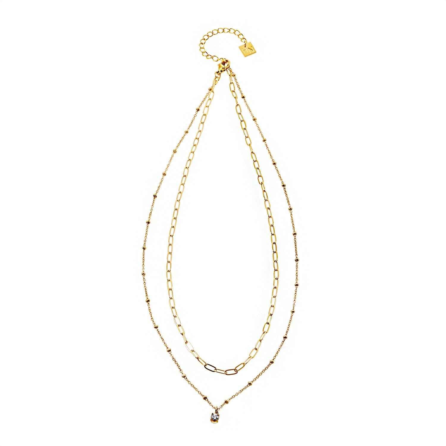 KATERI Gold: Pre-Layered Chains Necklace with a Solitaire Zirconia Charm Pendant