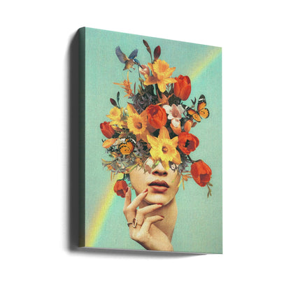 Wandbild – Baby in voller Blüte – Regenbogen, Blumen, Vögel & Schmetterlinge