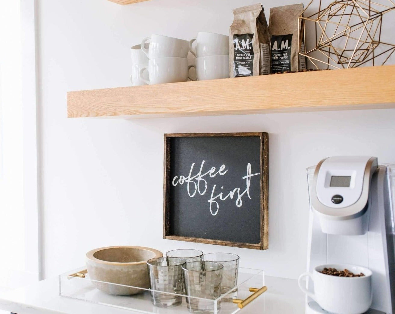 Coffee First Wood Sign – Modern Farmhouse Wall Art