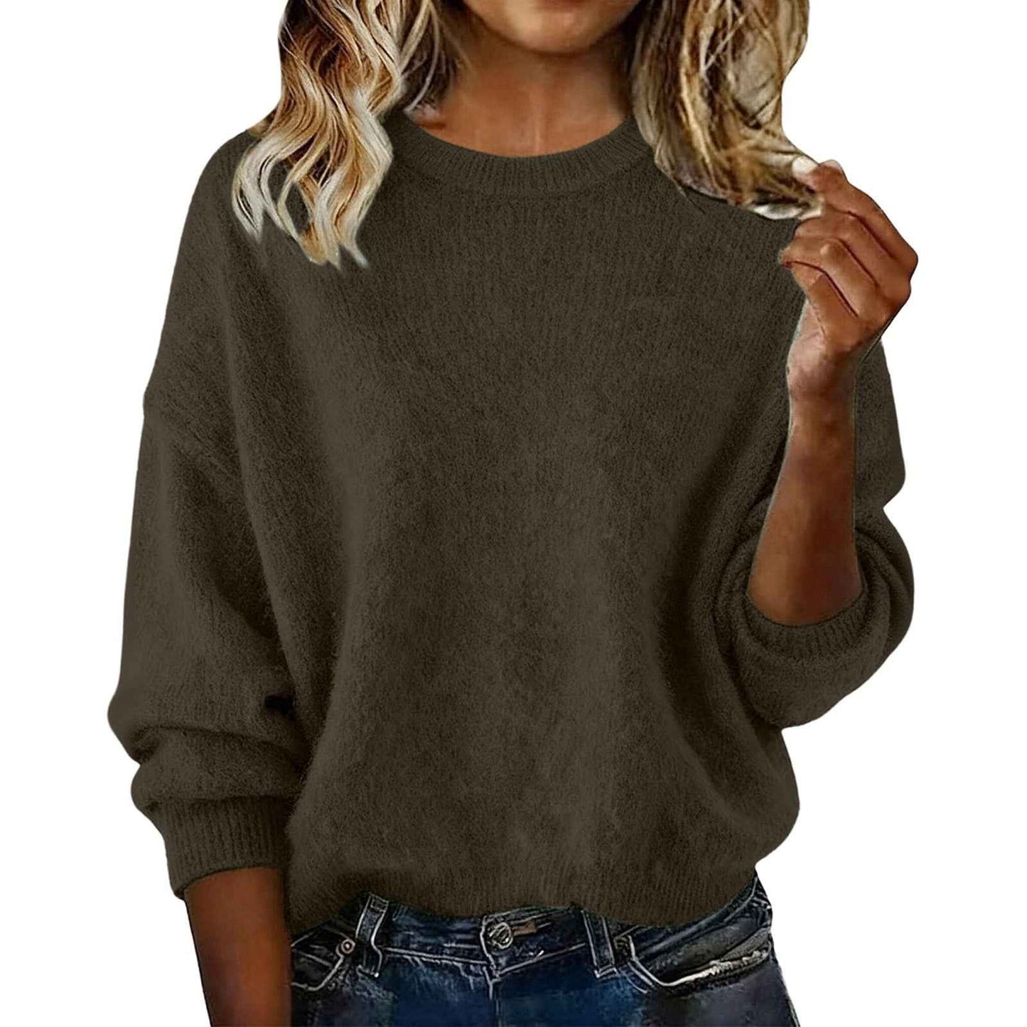 Women's New Arrival Solid Color Crew Neck Sweater, Fashion Loose Casual Knitwear For Autumn