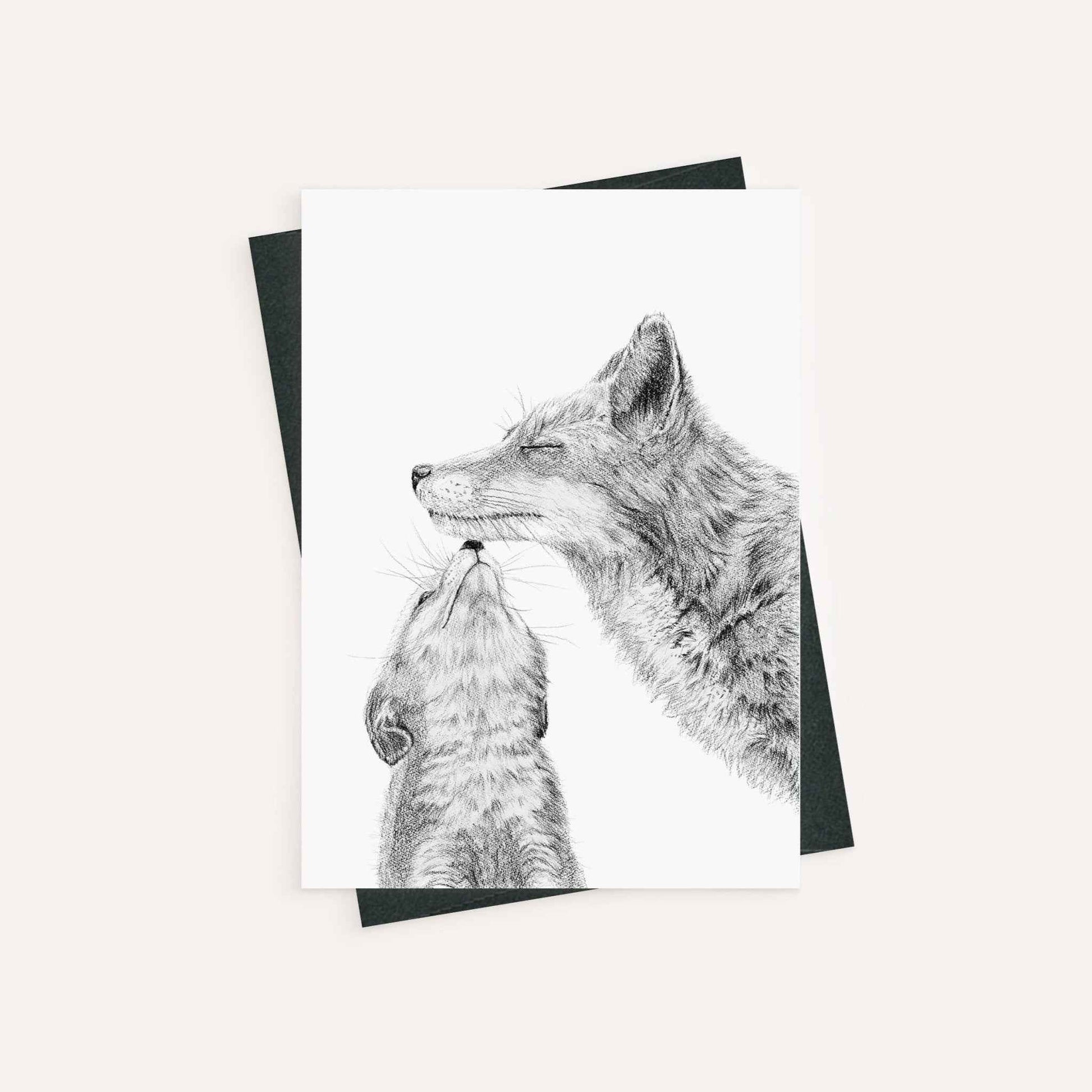 Mama fox with cub - kissing - Black and White - greeting card