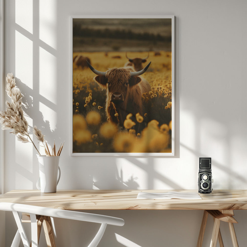 Wall Art Highland Cows In Flower Field