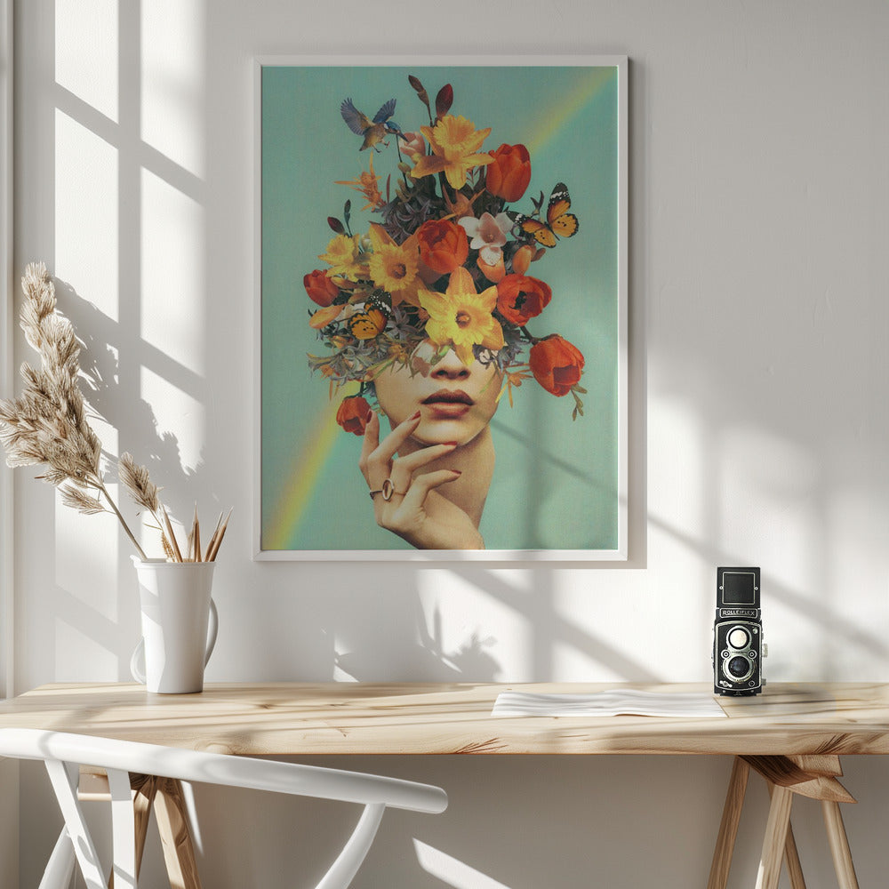 Wandbild – Baby in voller Blüte – Regenbogen, Blumen, Vögel & Schmetterlinge
