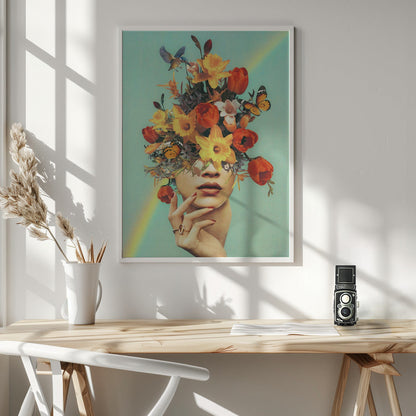 Wandbild – Baby in voller Blüte – Regenbogen, Blumen, Vögel & Schmetterlinge