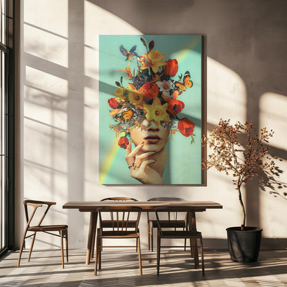 Wandbild – Baby in voller Blüte – Regenbogen, Blumen, Vögel & Schmetterlinge