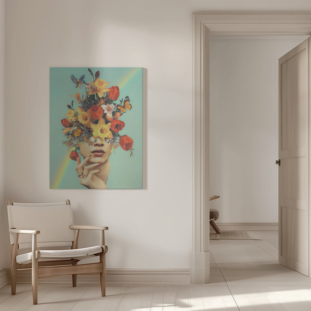 Wandbild – Baby in voller Blüte – Regenbogen, Blumen, Vögel & Schmetterlinge