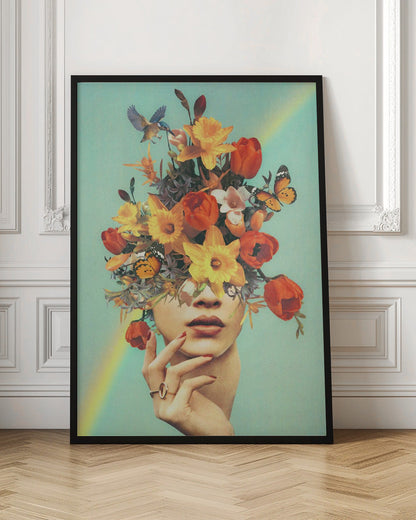 Wandbild – Baby in voller Blüte – Regenbogen, Blumen, Vögel & Schmetterlinge