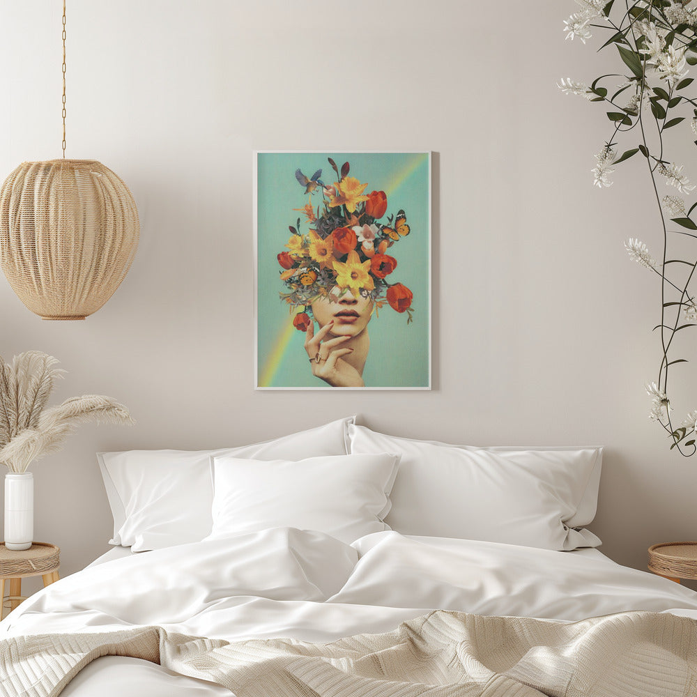 Wandbild – Baby in voller Blüte – Regenbogen, Blumen, Vögel & Schmetterlinge
