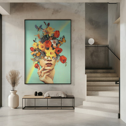 Wandbild – Baby in voller Blüte – Regenbogen, Blumen, Vögel & Schmetterlinge