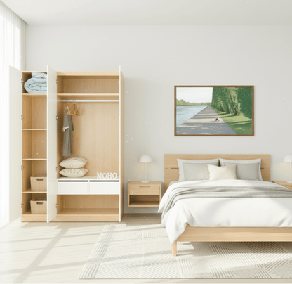 Vline Natural Wood Bed & Vienna 3-Door Wardrobe Combo